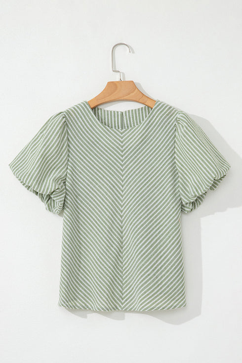 Textured Diagonal Stripe Puff Sleeve Round Neck Casual Blouse Top