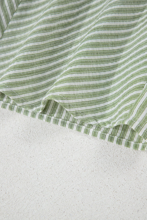 Textured Diagonal Stripe Puff Sleeve Round Neck Casual Blouse Top