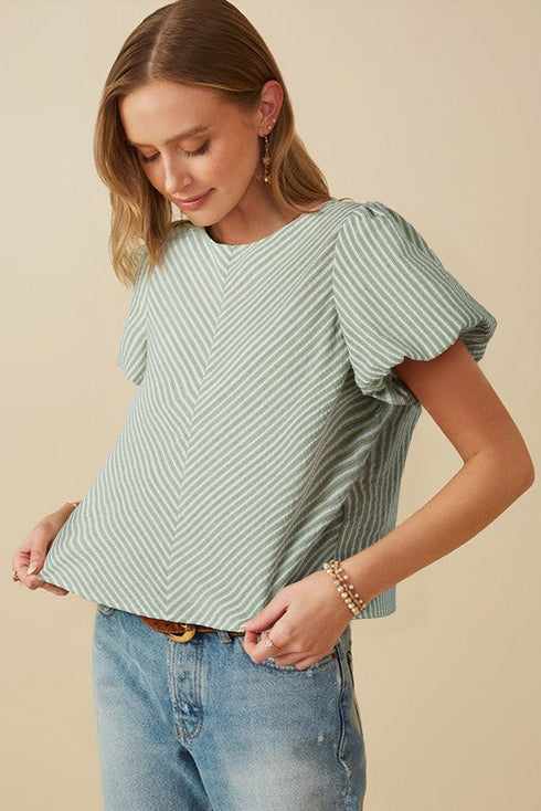 Textured Diagonal Stripe Puff Sleeve Round Neck Casual Blouse Top