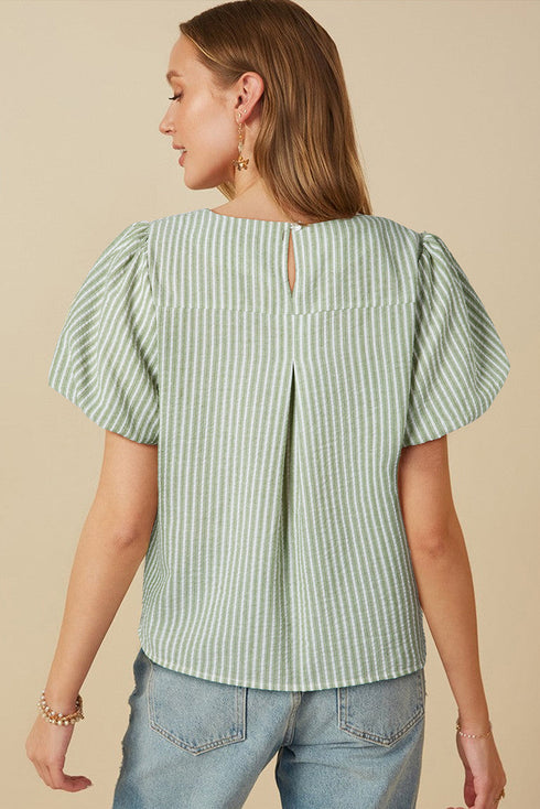 Textured Diagonal Stripe Puff Sleeve Round Neck Casual Blouse Top