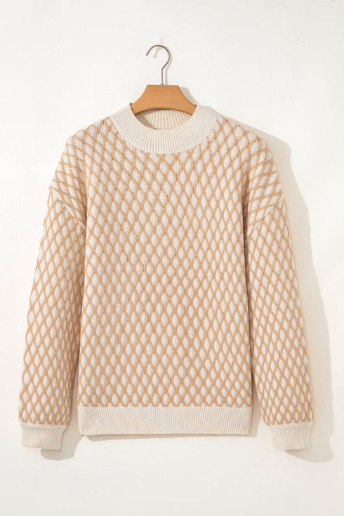 Textured Diamond Lattice Mock Neck Pullover Sweater