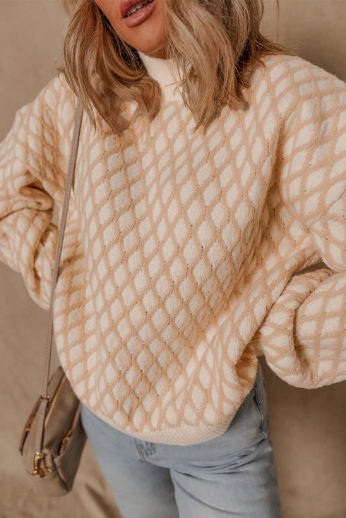 Textured Diamond Lattice Mock Neck Pullover Sweater