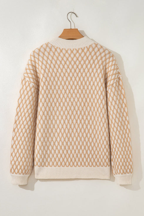 Textured Diamond Lattice Mock Neck Pullover Sweater