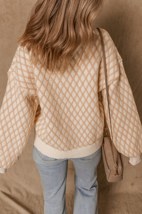 Textured Diamond Lattice Mock Neck Pullover Sweater