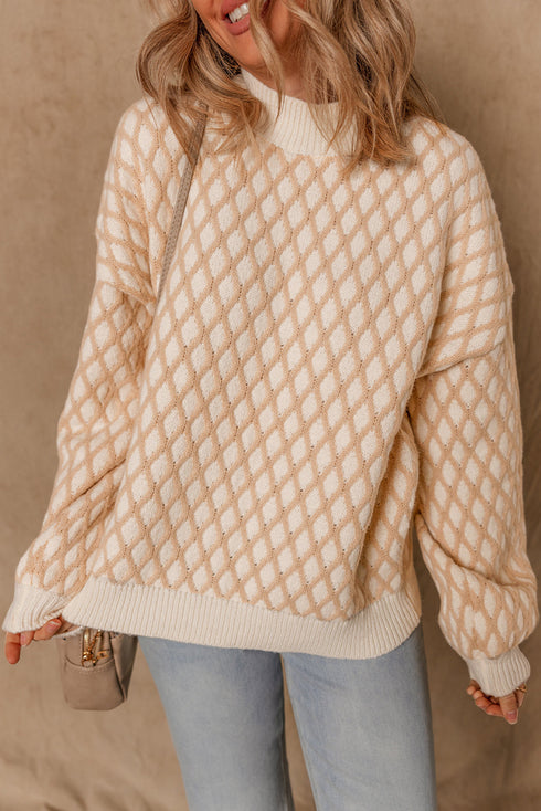 Textured Diamond Lattice Mock Neck Pullover Sweater