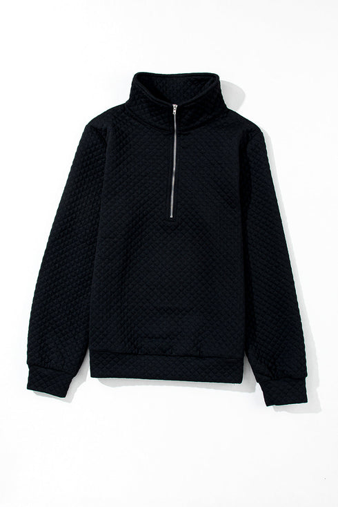Textured Diamond Quilt Stand Collar Quarter Zip Pullover