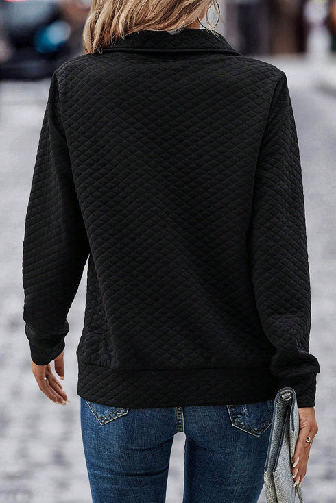 Textured Diamond Quilt Stand Collar Quarter Zip Pullover