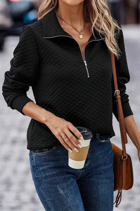 Textured Diamond Quilt Stand Collar Quarter Zip Pullover
