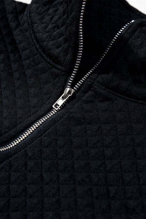 Textured Diamond Quilt Stand Collar Quarter Zip Pullover