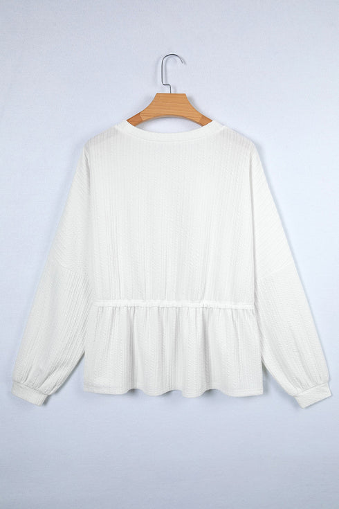 Textured Drop Shoulder Crew Neck Peplum Hem Top
