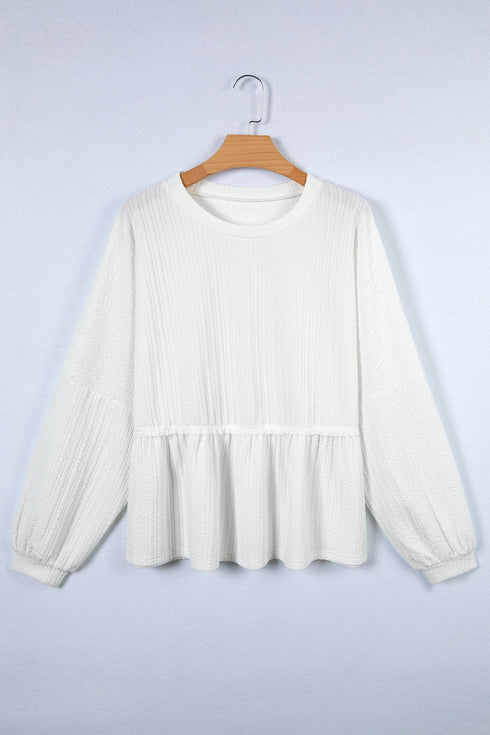 Textured Drop Shoulder Crew Neck Peplum Hem Top