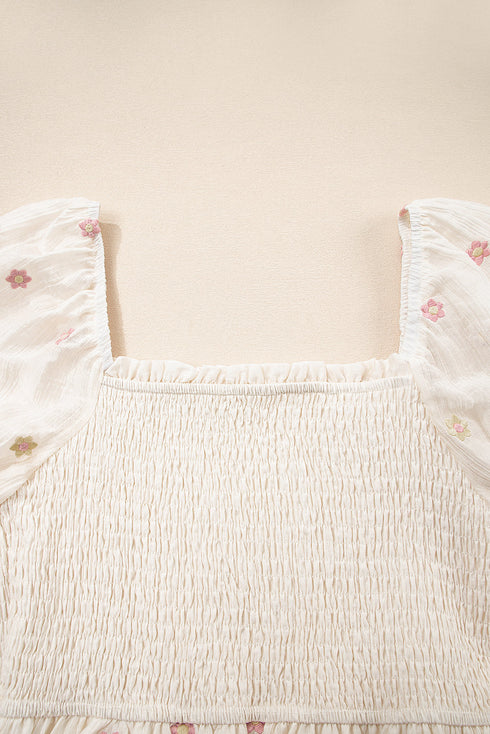 Textured Embroidered Flower Smocked Bust Puff Sleeve Mini Dress