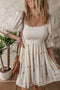 Textured Embroidered Flower Smocked Bust Puff Sleeve Mini Dress