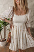 Textured Embroidered Flower Smocked Bust Puff Sleeve Mini Dress