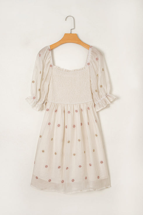 Textured Embroidered Flower Smocked Bust Puff Sleeve Mini Dress