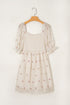 Textured Embroidered Flower Smocked Bust Puff Sleeve Mini Dress