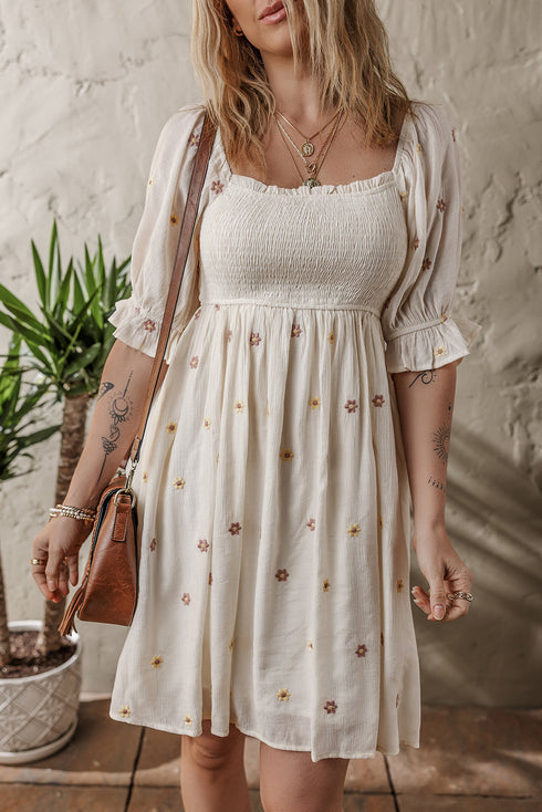 Textured Embroidered Flower Smocked Bust Puff Sleeve Mini Dress