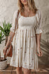 Textured Embroidered Flower Smocked Bust Puff Sleeve Mini Dress