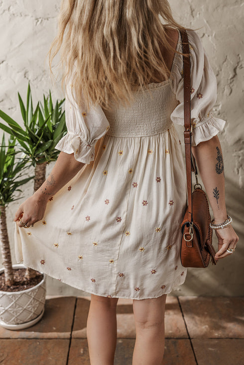 Textured Embroidered Flower Smocked Bust Puff Sleeve Mini Dress