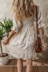 Textured Embroidered Flower Smocked Bust Puff Sleeve Mini Dress