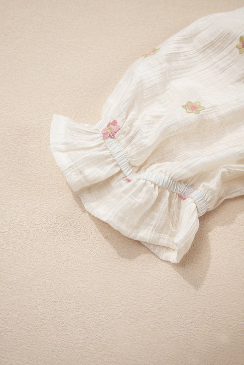 Textured Embroidered Flower Smocked Bust Puff Sleeve Mini Dress
