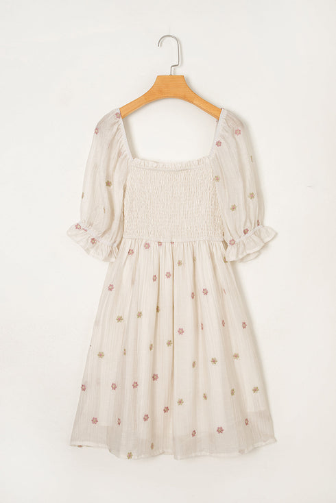 Textured Embroidered Flower Smocked Bust Puff Sleeve Mini Dress