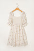 Textured Embroidered Flower Smocked Bust Puff Sleeve Mini Dress