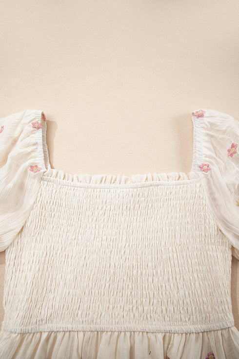 Textured Embroidered Flower Smocked Bust Puff Sleeve Mini Dress