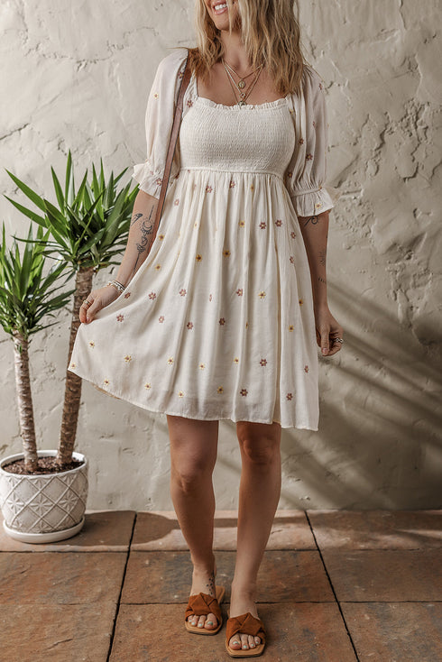 Textured Embroidered Flower Smocked Bust Puff Sleeve Mini Dress