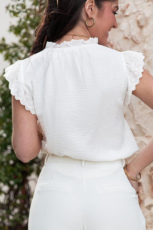 Textured Embroidered Ruffle Trim Flutter Sleeve Blouse