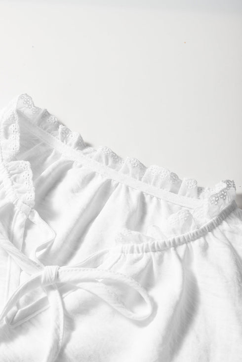 Textured Embroidered Ruffle Trim Flutter Sleeve Blouse