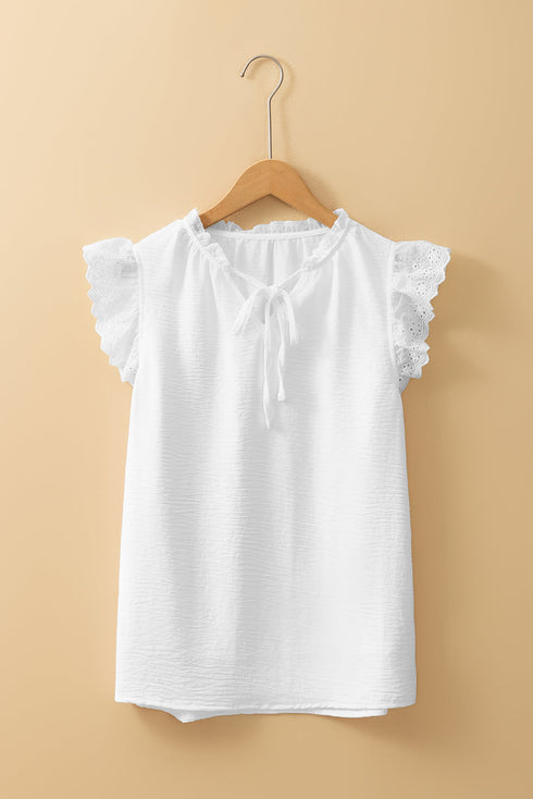 Textured Embroidered Ruffle Trim Flutter Sleeve Blouse