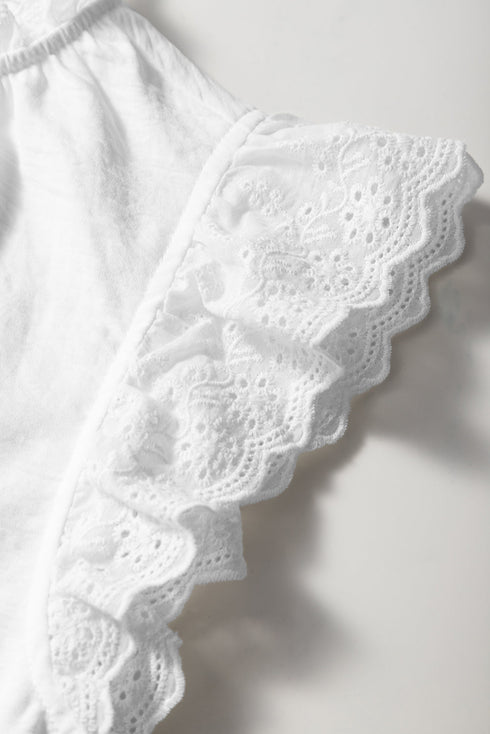 Textured Embroidered Ruffle Trim Flutter Sleeve Blouse