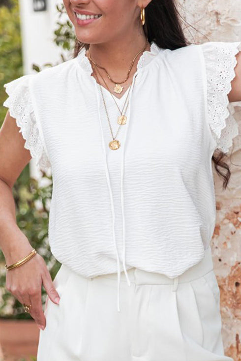 Textured Embroidered Ruffle Trim Flutter Sleeve Blouse
