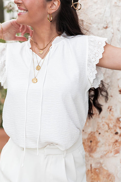 Textured Embroidered Ruffle Trim Flutter Sleeve Blouse