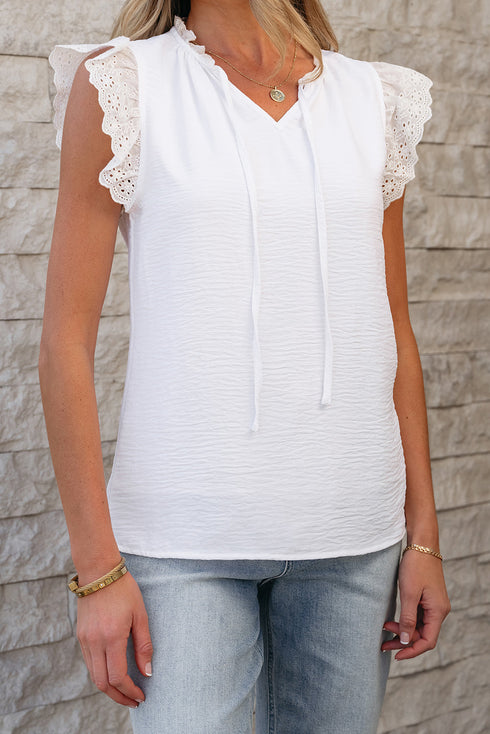 Textured Embroidered Ruffle Trim Flutter Sleeve Blouse