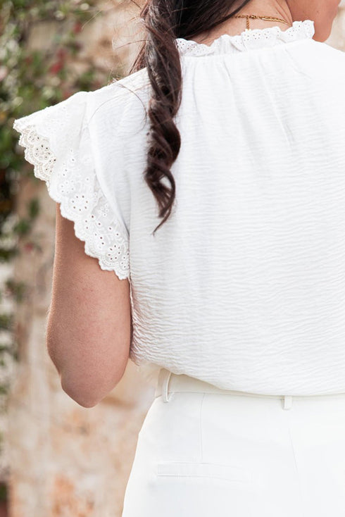 Textured Embroidered Ruffle Trim Flutter Sleeve Blouse