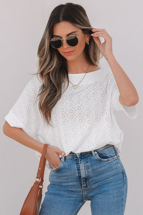 Textured Eyelet Boat Neck Short Sleeve Tee