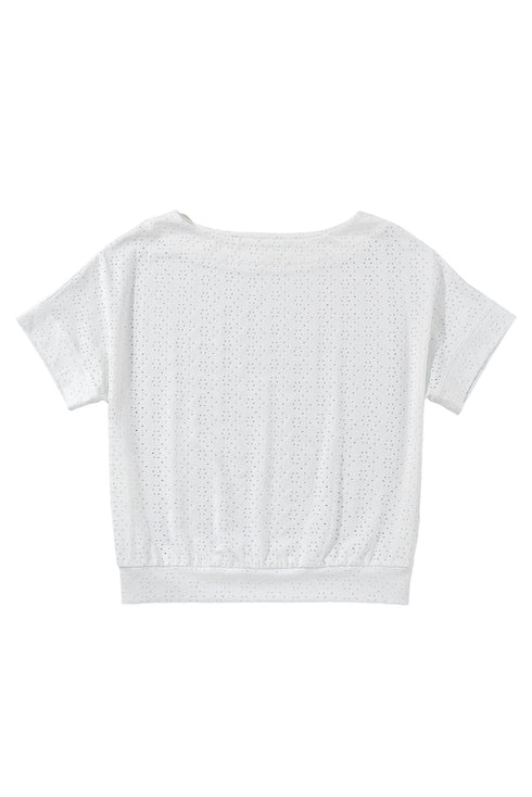 Textured Eyelet Boat Neck Short Sleeve Tee