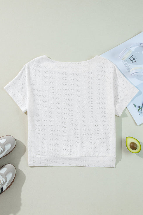 Textured Eyelet Boat Neck Short Sleeve Tee