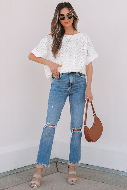 Textured Eyelet Boat Neck Short Sleeve Tee