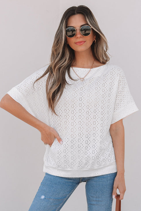 Textured Eyelet Boat Neck Short Sleeve Tee