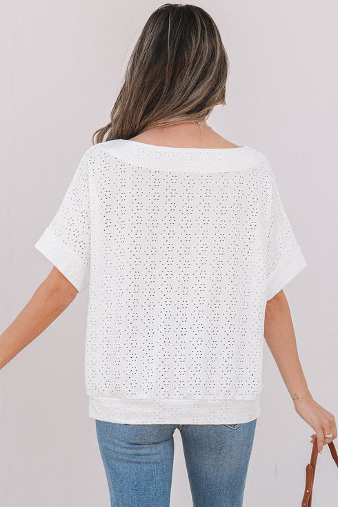 Textured Eyelet Boat Neck Short Sleeve Tee