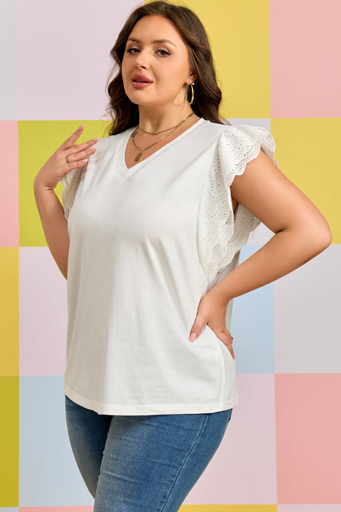 Textured Eyelet Crochet Spliced Short Sleeve Tee