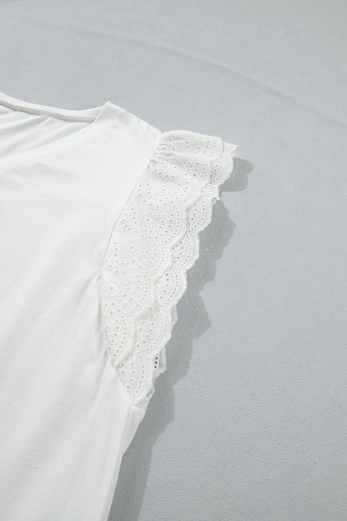 Textured Eyelet Crochet Spliced Short Sleeve Tee