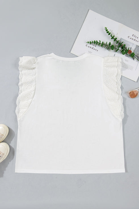 Textured Eyelet Crochet Spliced Short Sleeve Tee