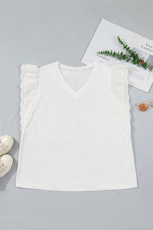 Textured Eyelet Crochet Spliced Short Sleeve Tee