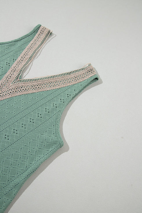 Textured Eyelet Lace Trim V Neck Tank