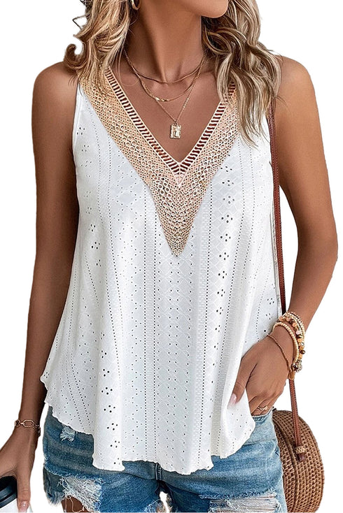 Textured Eyelet Lace Trim V Neck Tank