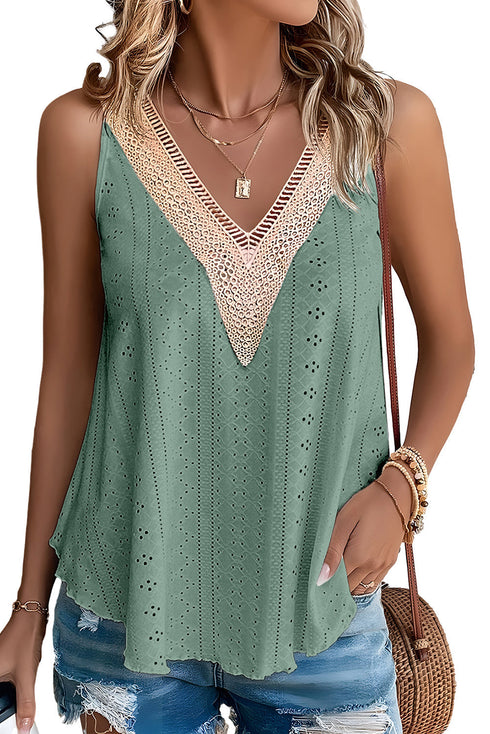Textured Eyelet Lace Trim V Neck Tank